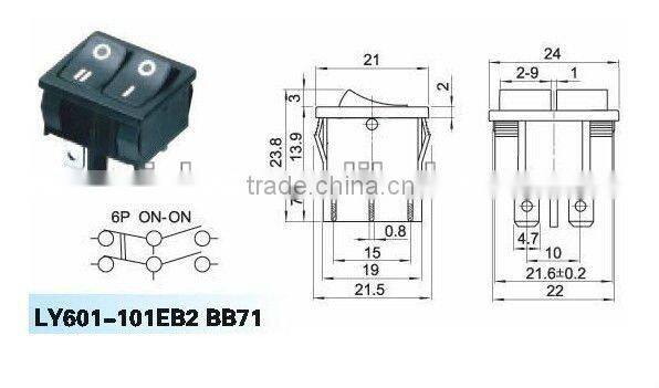 Double pole ON-ON square rocker switch with six pins
