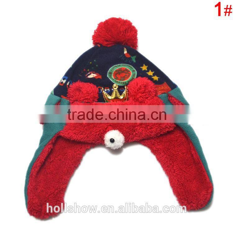Fashion Warm Crown Fleece Bear Knitted Pom Pom Kids Earflap Hat
