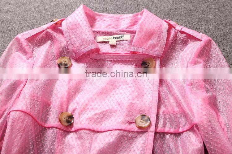 Unique brands designs fashion 2014 hot selling sexy lace turn-down collar double breasted thin coat for trendy women C17281