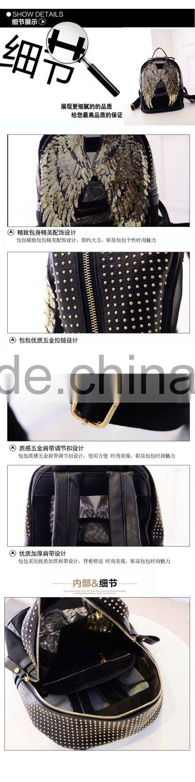 Korea fashion paillette women leather backpack outdoor bag