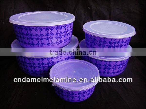 Purple color printed melamine bowl sets with lids