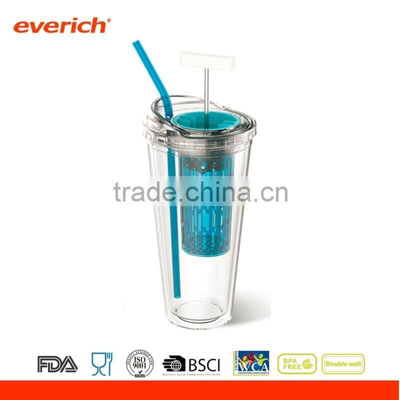 Double wall plastic tumbler with straw, fruit infuser and press