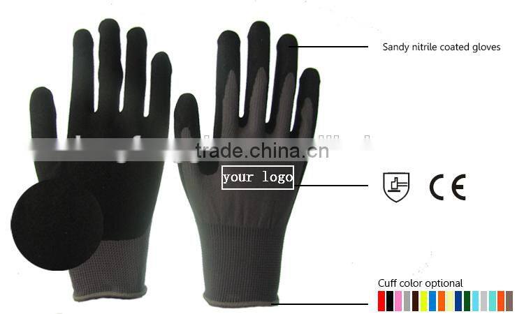 Best-selling Sandy Nitrile Polyester Work Gloves / Safety Products