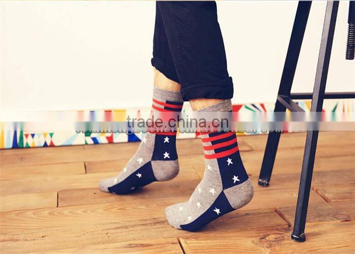 Custom White Striped And Star Design Half Terry Elastic Cuff Cotton Men Sport Socks