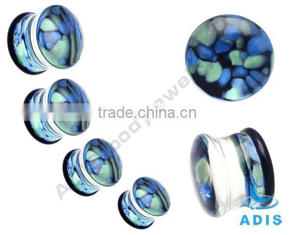 Dark blue bottom green strip earring pierce plug pyrex glass ear stretching