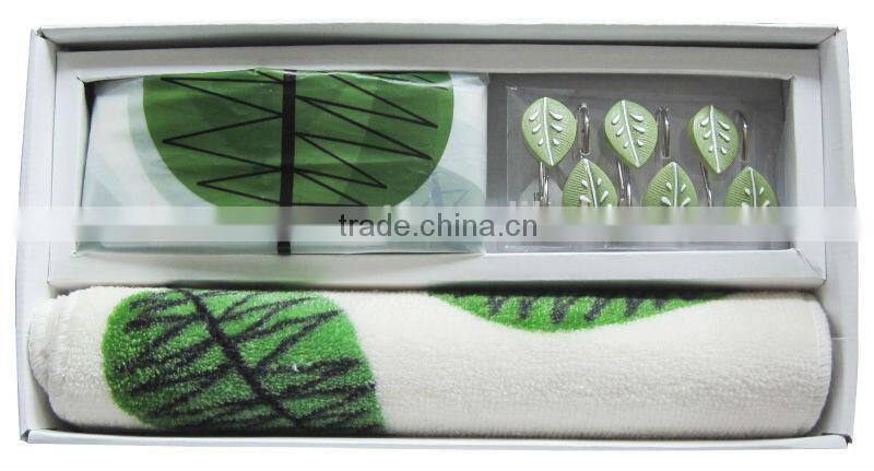 leaf pattern design peva shower curtain with 12 resin hooks