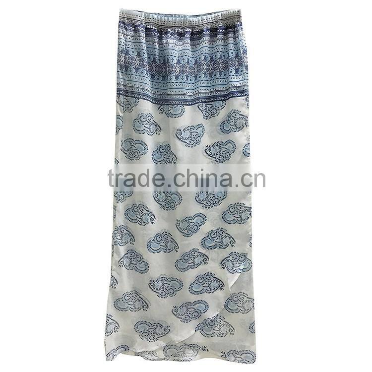2016 Summer Fashion Women Printed Boho Beach Skirts Front Overlap Designs Chiffon Ethnic Long Maxi Skirt