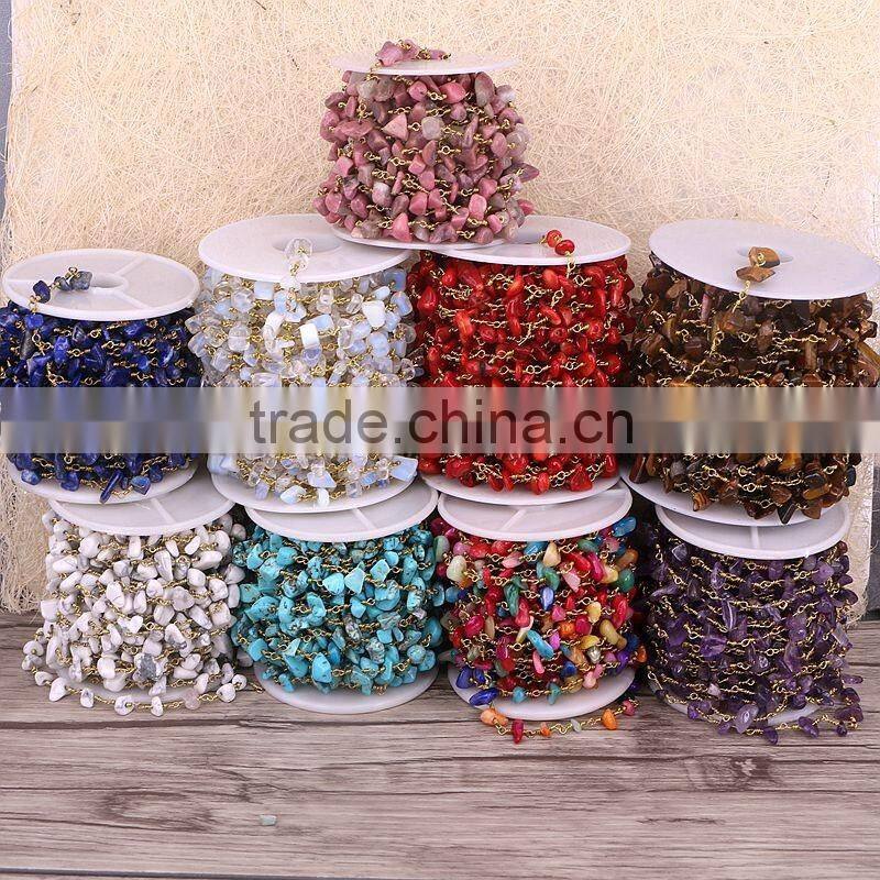 Antique Bronze Brass Rosary Style Beaded Chain, Opal Stone Wire Wrapped Chain Rosary Chain Beads For Jewelry Making