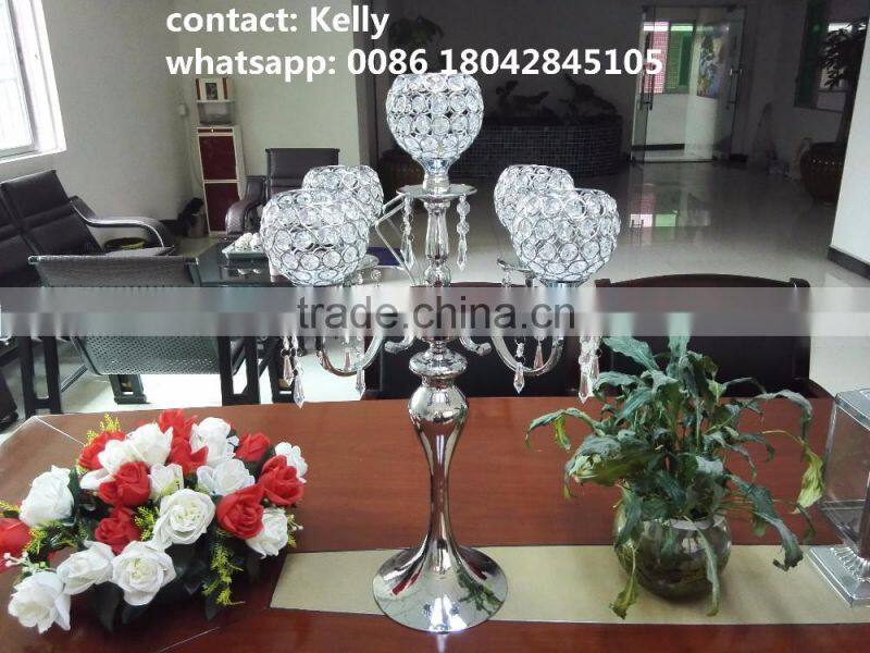 2016 High quality 5 arms silver crystal wedding candelabra for wedding party&hotel decoration