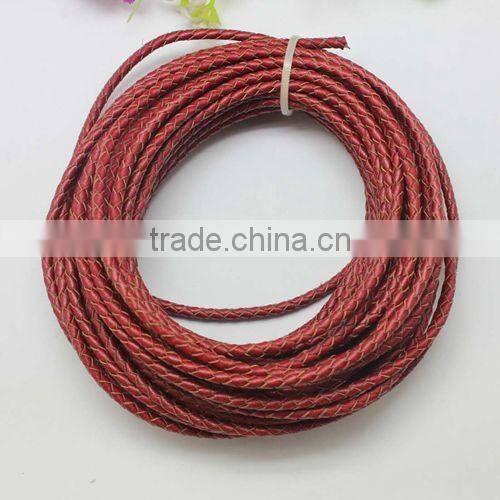 dark red color real leather cord 3.0mm braided cord for bracelet