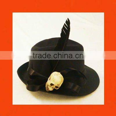 Deluxe black Permasilk top hat with skull and feather decor