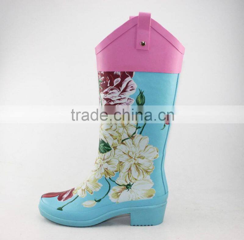 New printing peony flower vintage ladies rubber boot