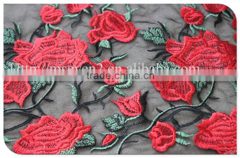 High quality fashion design red rose lace fabric embroidery for garment