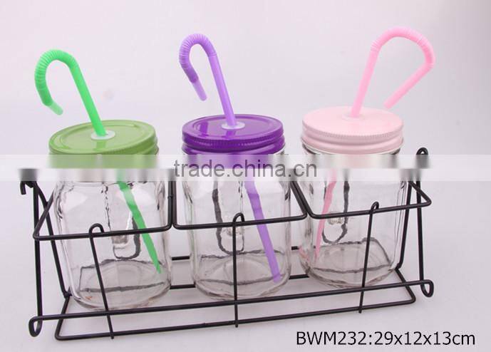 3pcs glass mason jar in a metal rack