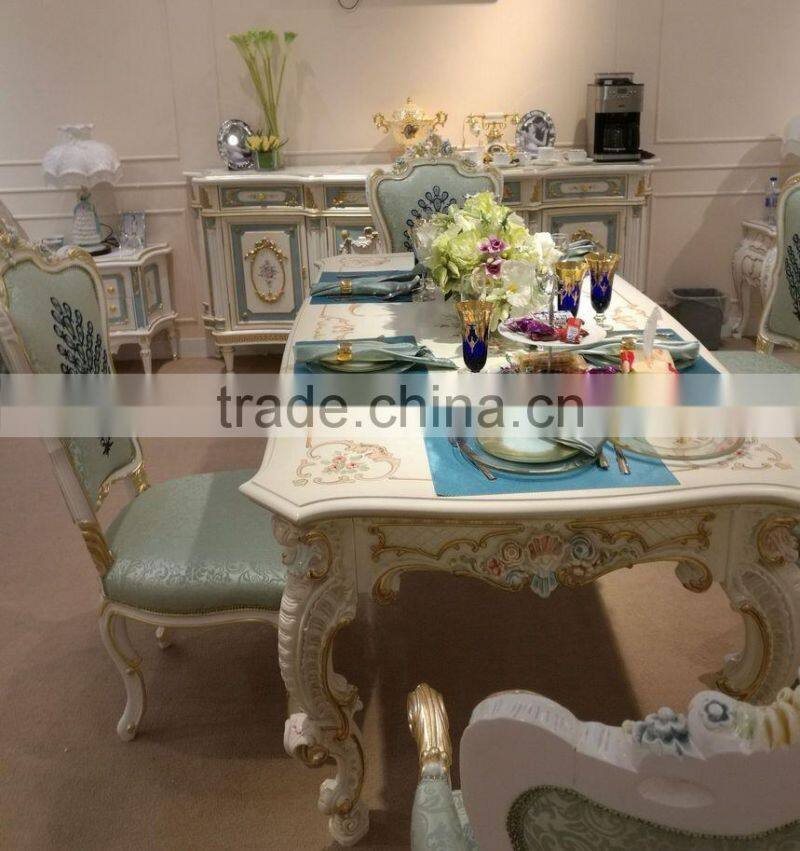 European Style Bedroom Set, Elegant Floral Crown Design Blue Upholstered Bedroom Set