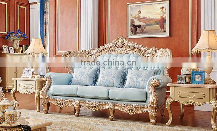 Champagne gold color flower hand carving light blue leather sofa set