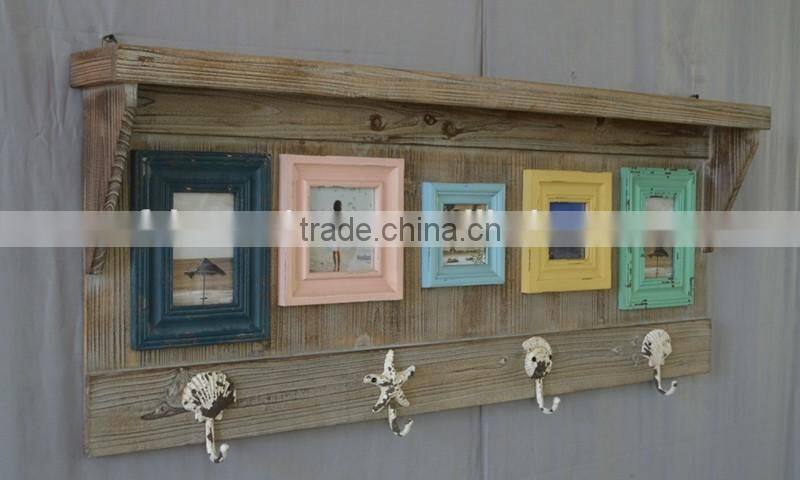 2016 vintage wood wall shelf with hooks and photo frame