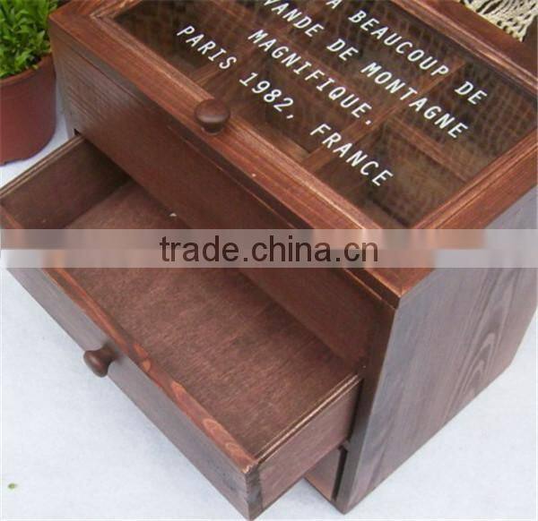 Vintage Small Wooden Cabinet Box With 6 Grids and 2 Drawer Glass Cover Storage Box Old Style Wood Craft Home Decoration 25*17*2