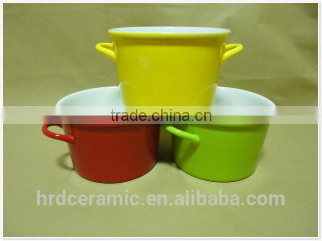 Large colorful two handle porcelain ceramic bowl,white porcelain