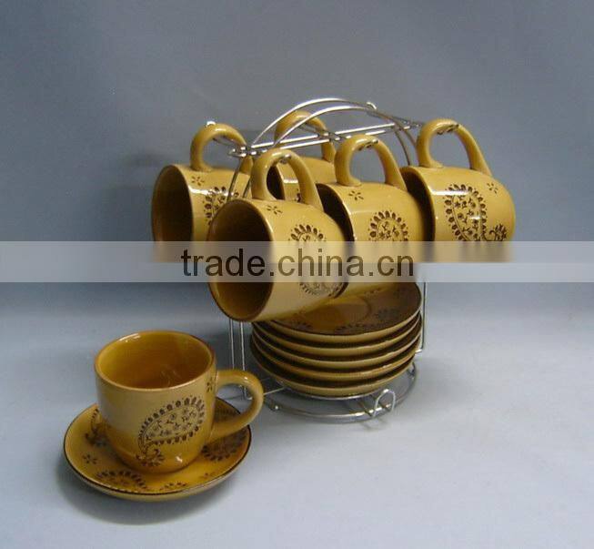 Hand printing ceramic custom tea set with saucer and rack