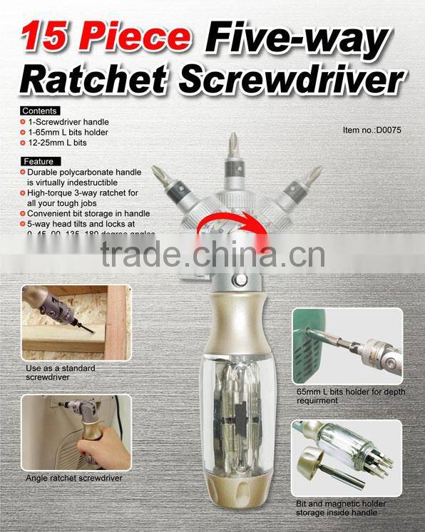 15 Piece Five-way Ratchet Screwdriver