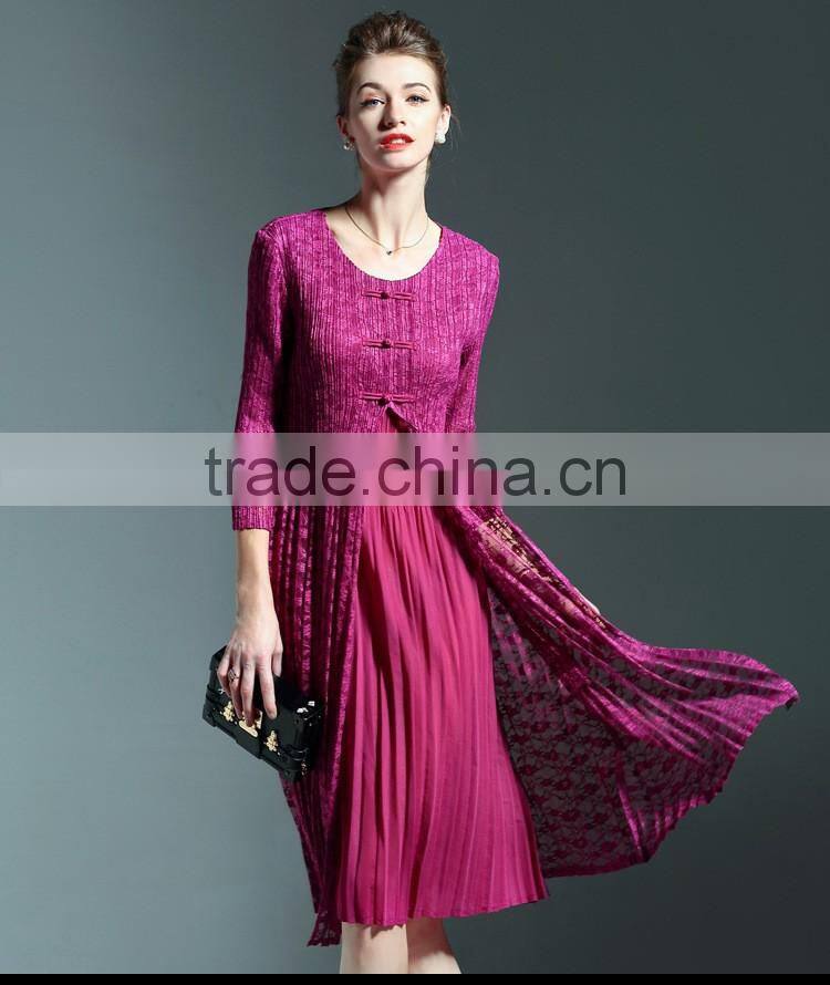 Chinoiserie ladies pleat fake two pieces lace spliced dress