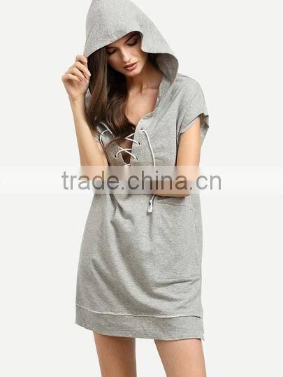 high quality fashion lady longline short sleeve hoody with string