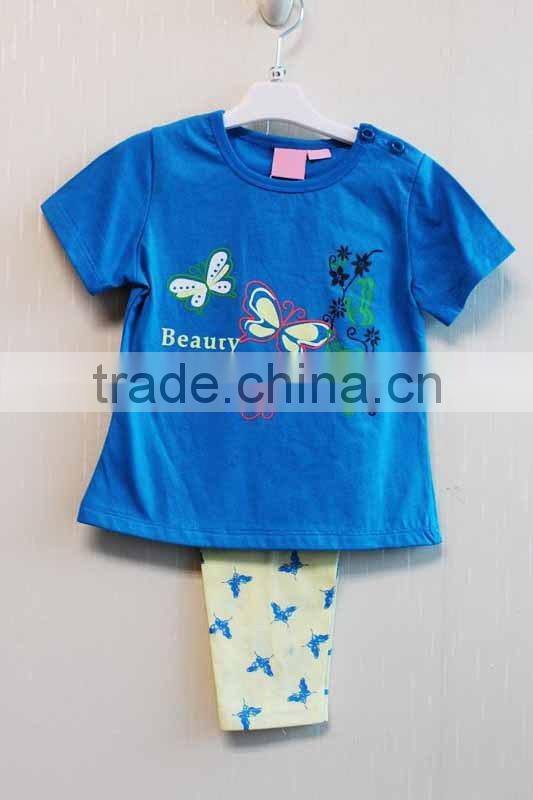 Fashion Kids Girls Summer 2 Pcs Set Butterfly Printed Blue Short Sleeve Top Clothing Sets TP-7727