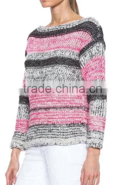 EY0866S ladies grey and pink striped pullover boat neck sweater knitting pattern