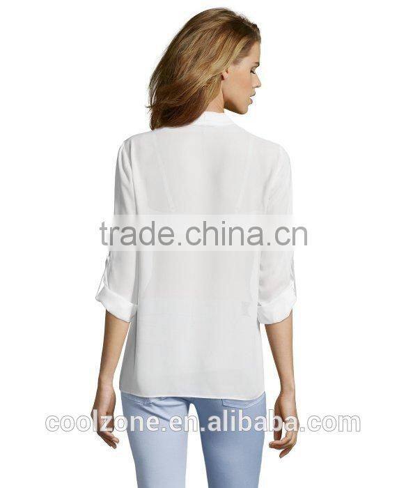 100% Polyester long sleeve v neck blouse Hi-low woman blouse