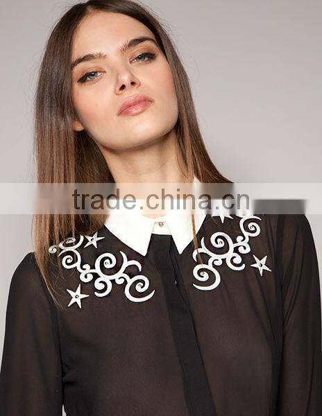 Star Black white contrast color restoring ancient ways hook flower stars embroidery long sleeve chiffon shirt