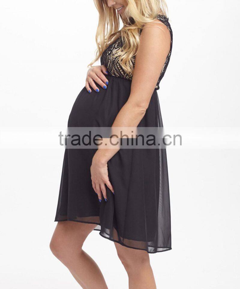 New Design Maternity Dresses With Black Lace-Top Maternity A-Line Dress Pretty Women Clothes WD80817-6