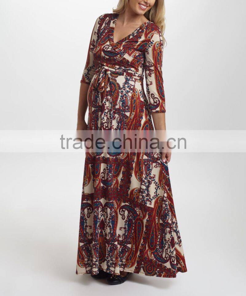 Newest Maternity Dresses With PinkBlush Burgundy Paisley Maternity Maxi Dress Women Wear WD80817-27