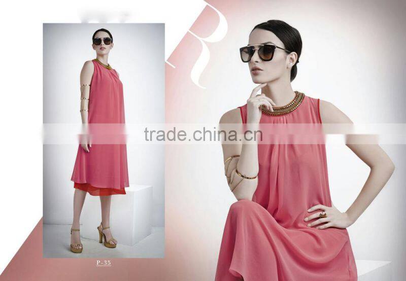 Salmon and Red color with Gold flakes neck design Vogue Designer Kurtis