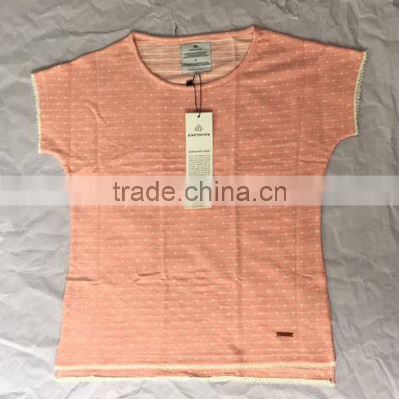 Designer Pink Lace Trim Striped T Shirt for Ladies