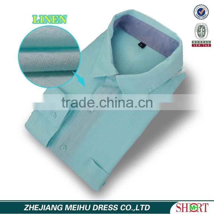 2017 latest pattern linen fabric casual mens shirts with contrast color on the collar