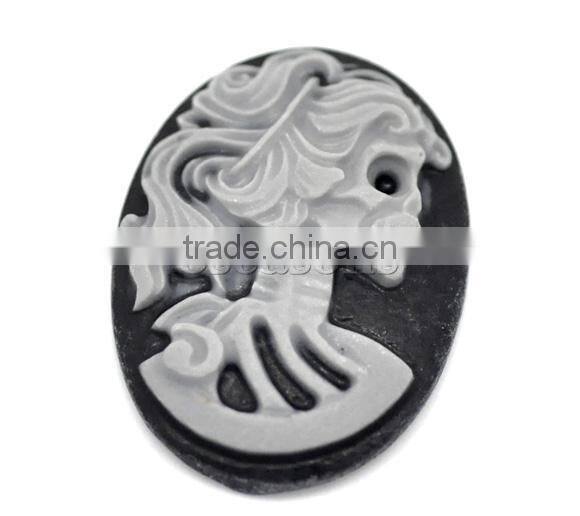 Gray Resin Halloween Skull Pattern Oval Cameo 25x18mm(1"x3/4"), sold per packet of 50