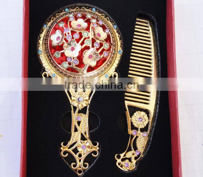 Antique Imitation Cosmetic Metal Pocket Mirror with Hair Comb,Handle Mirror/Hand Held Makeup Mirror/Round Fashion Mirror
