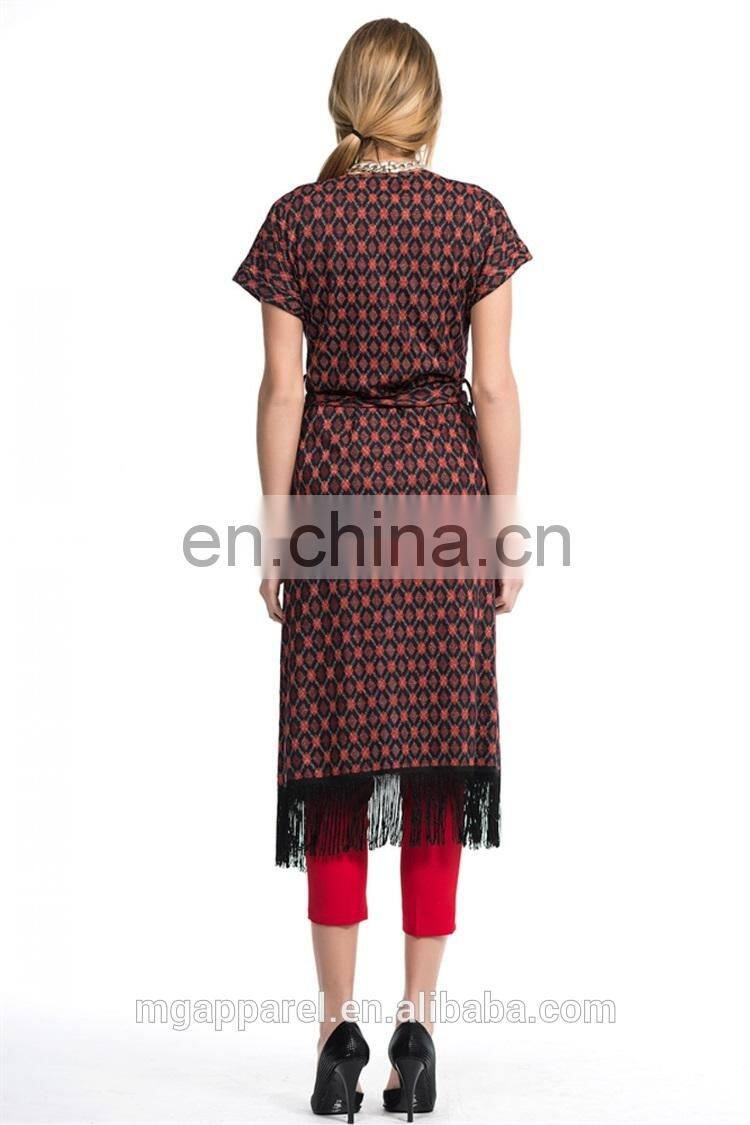 Newest design tie waist and fringe bottom original cut ladies long vest women