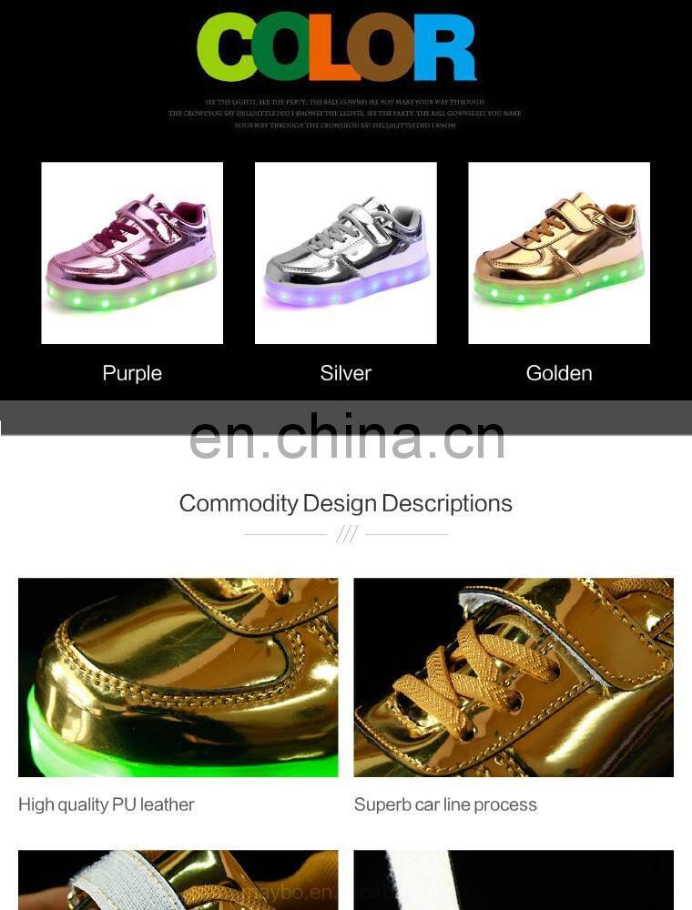 Factory Wholesale new design shining mirror finish PU leather Children Kids LED shoes sneakers footwear