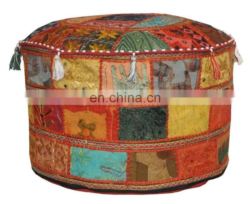Indian Pouf Stool Vintage Patchwork Embellished with Patchwork Living Room Ottoman Cover