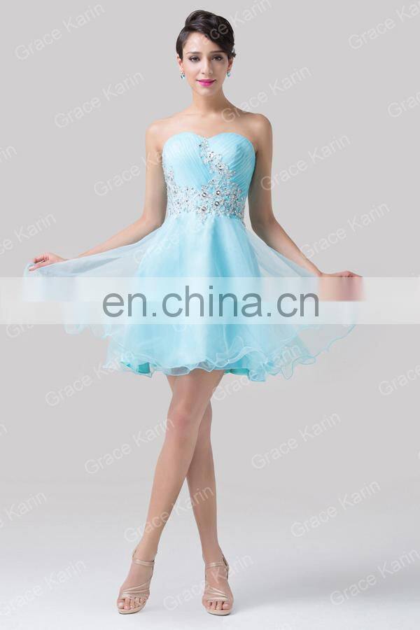 Newest Design of Grace Karin Strapless Short Blue Cocktail Dresses With Shining Rhinestone CL6178