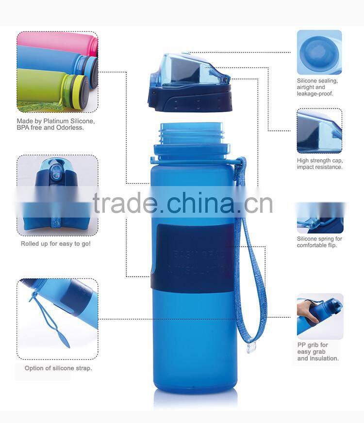 2016NEW 500ml/16oz Foldable Water Bottle with PP Grab, One-touch Lid, Silicone sports bottle BPA Free