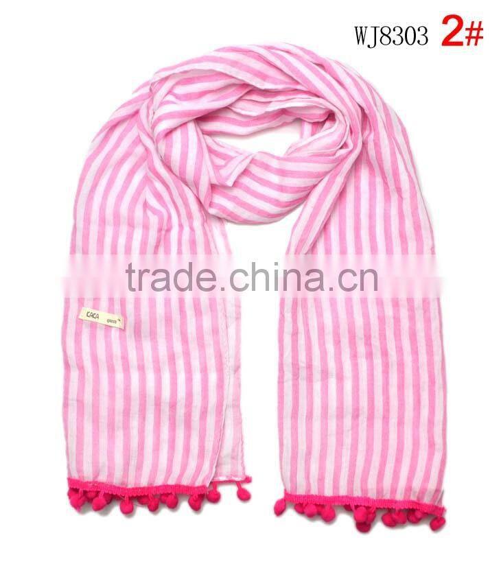 New Arrival Striped Lace Pom Pom Brim Boys Girls Baby Kids Winter Scarf