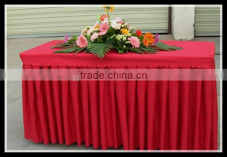 Red color brocade material reception desk use fold table skirt covers for company trade show