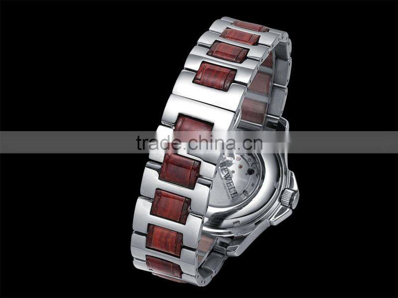 2016 Fashinable Luxury Stainless steel & sandalwood watch with the double butterfly-clasp ,Japan movt 8215, 3TAM waterproof