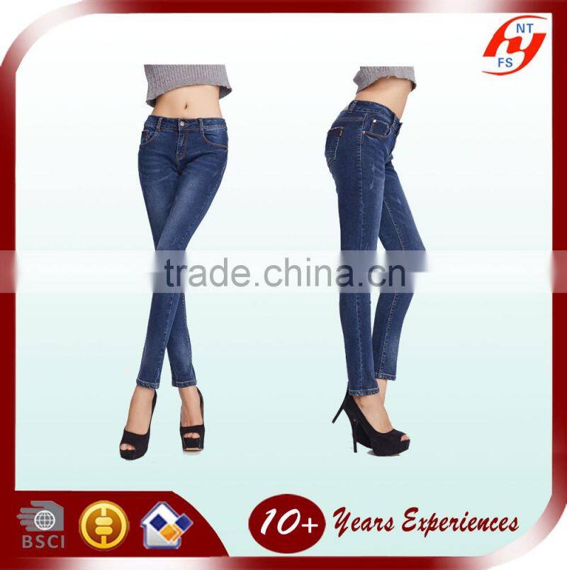 Woman cotton blue stretch skinny jeans high quality pencil pants manufacturer