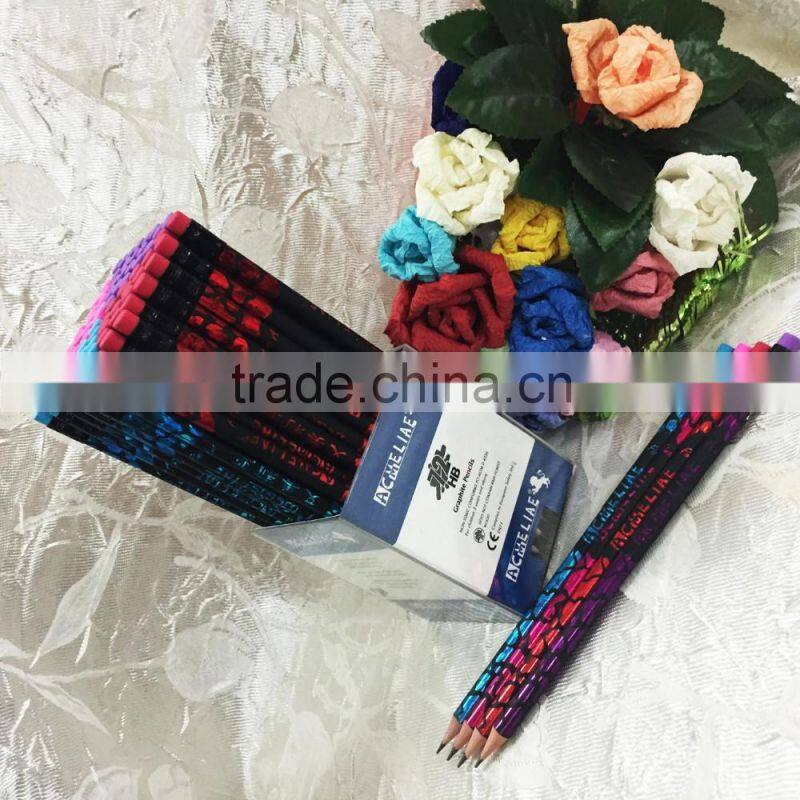 Standard size round shape soft wood 72pcs heat rolling laser HB pencil with eraser