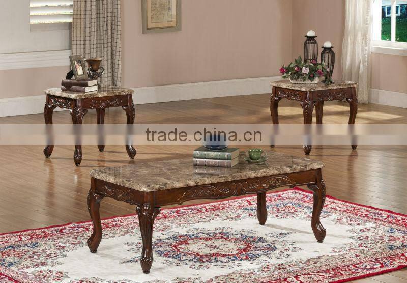 Walnut Carved Coffee table&Carved marble topped end table