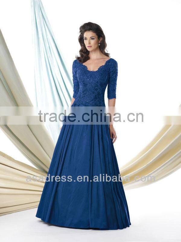 Taffeta Ball Gown with Hand-Beaded Lace Sleeves Scalloped Scoop Neckline Beaded Lace Mother of The Bride Dress(MOMO-3041)